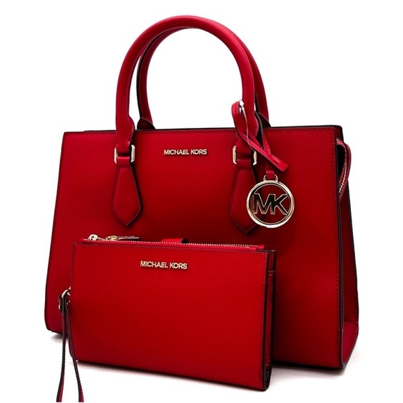 Michael Kors Sheila Medium Center Zip Satchel Bag & Large Double Zip Wallet Red - Picture 3 of 16
